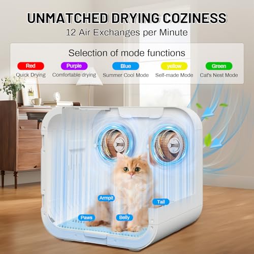 Image of Automatic Pet Hair Dryer Box, 70L Dual Motor Fans Blower for Cats and Small Dogs, 360 Drying, Temperature Control, Self-Dryer Boxes with 4 Adjustable Speed Settings & 5 Drying Modes, 5 Towels, White