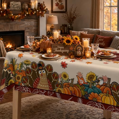HGIK Thanksgiving Tablecloth 60x60 Inch, Harvest Turkey Maple Leaf Pumpkin Square Table Cover, Farmhouse Autumn Table Cloth, Tablecloth for Thanksgiving Dinner Party Kitchen Home Decor