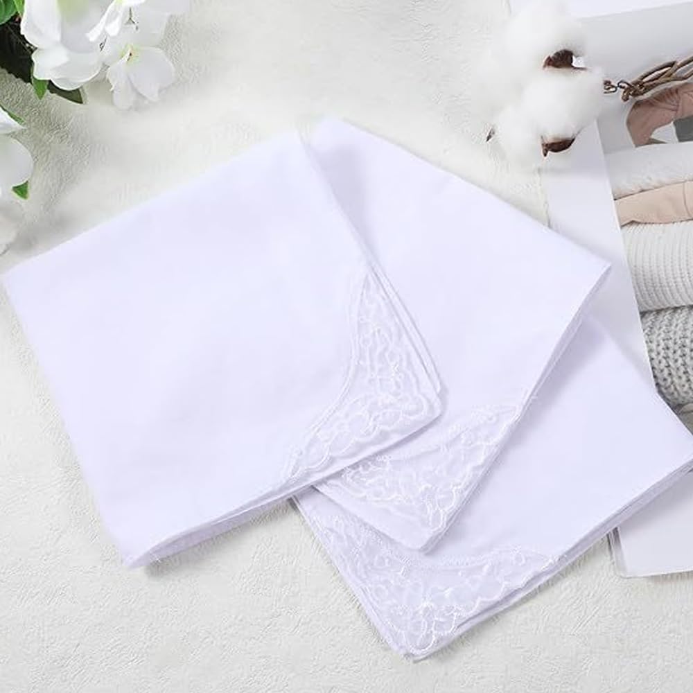 Womens Handkerchiefs,White Cotton Handkerchiefs,Embroidered Lace Handkerchief, 11 Inch Square Hankies