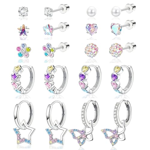 10 Pairs Hypoallergenic Screw Back Earrings For Women Girls Surgical Steel Small Huggie Hoop Earrings Cute CZ Star Butterfly Dangle Hoop Earrings Screwback Stud Earrings Set For Sensitive Ears