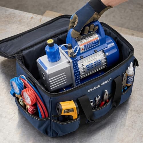 Kit de bomba de vacío de una etapa de 4 CFM con manómetro para R134a y detector de fugas, kit de herramientas HVAC para refrigeración AC certificado ETL, color azul miniatura 6