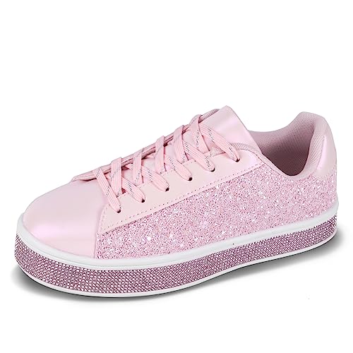UUBARIS Baskets de tennis à paillettes pour femme - Fluo - Élégantes - Avec strass - Pour mariage - Chaussures de mariée à paillettes brillantes, Rose pailleté, 37 EU