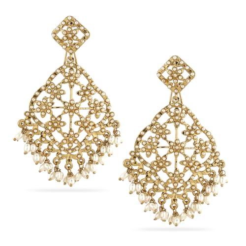 Image of Rubans Chandbali Earrings Kundan Pearl Beads Traditional Wedding Jewellery for Women & Girls