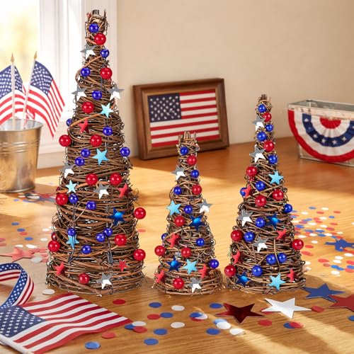 DoubleFill 3 Pcs 4th of July Rattan Trees 250 Anniversary Independence Day Decorative Table Rattan Tree Patriotic Cone Table Centerpiece with Red White Blue Star Berries for Memorial Veterans Shelf