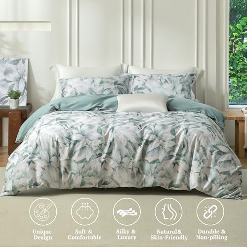 MILDLY Cal King Size Duvet Cover Set 100% Long-Staple Cotton Luxury Sage Green Leaves Patten Reversible Comforter Cover Set 3Pcs