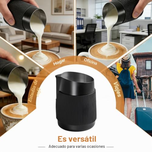 Miniatura 6 de Fuhesgu Taza Jarra Leche 420 Ml De Acero Inoxidable 304 Con Pico De Pato Inclinado Jarra Para Latte Art Jarra Cafe Lechera Con Mango Antideslizante Con 5 Plantillas Para Capuchino Espresso Latte Cafe