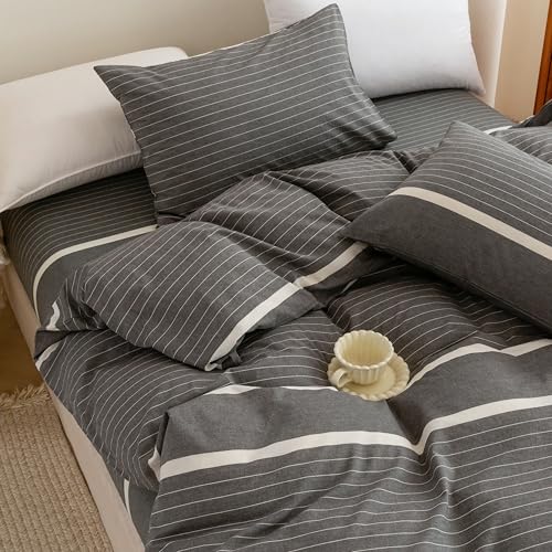 Image of ECOCOTT Grey Striped Duvet Cover Oversized King Size, 100% Washed Cotton 3-Piece Bedding Set - Ultra Soft, Breathable & Easy Care with Zipper Closure and 2 Pillowcases, No Comforter