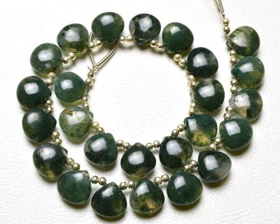 Agate mousse verte perles cœurs lisses 10 mm pour enfilage facile sans casse