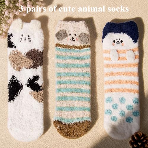 Loritta 3 Pairs Womens Fuzzy Socks Winter Warm Fluffy Soft Slipper Home Sleeping Cute Animal Socks2