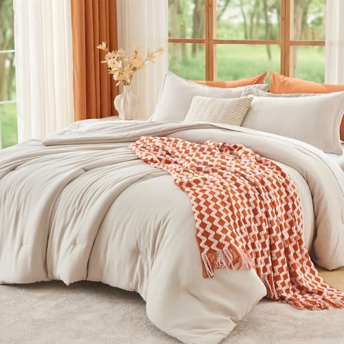 Image of MUXHOMO Beige Oversized King Comforter Sets, All Season Ultra Soft Down Alternative Bedding - 3 Piece Lightweight Bed Set Includes 1 Comforter (120 inchx98 inch) and 2 Pillow Shams (20 inchx36 inch)