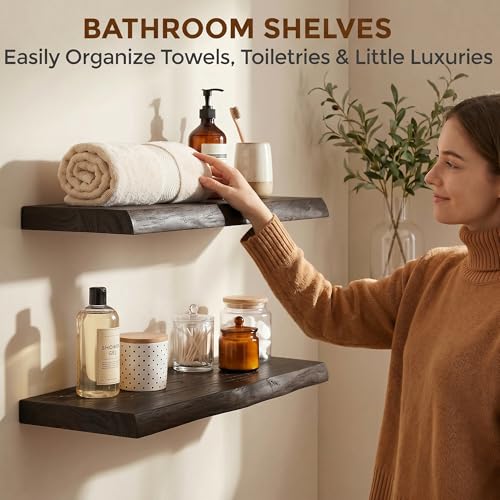 Image of Dreamland 24 Inch Floating Shelves, Rustic Elm Wood Live Edge Wall Shelf for Home Decor, 8 Inch Deep Floating Shelf for Wall, 24 x 8 Bathroom Shelves Set of 2, Walnut Color