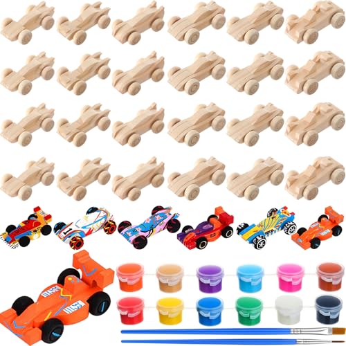 Lenwen 24 Pcs Wooden Race Cars Unfinished Wooden Race Car 12 Color Acrylic Paint Paintable Toy Car to Paint for Boy Students Home Activity Family Time Handicraft Project Birthday Party Favor(Classic)