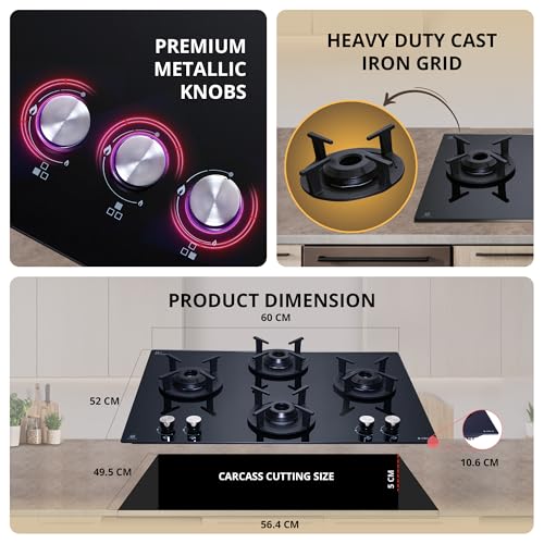 Image of Elica 60cm 4 Burner Auto Ignition Hob | RG FLEXI 460 LOTUS IND HD BRASS | SABAF Brass Burners | Built-in & Freestanding | Toughened Black Glass | 10-Year Burner & 5-Year Glass Warranty