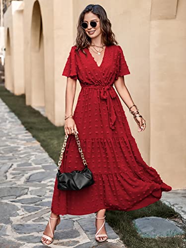 Image of MASCOMODA Women Boho Swiss Dot Maxi Dresses Wrap V Neck Flutter Short Sleeve Solid Tie Waist A Line Tiered Flowy Long Dresses