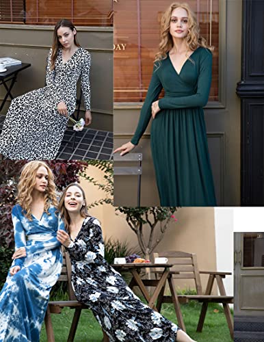 Cathy Women Long Sleeve Deep V-Neck Casual Long Dress Pleated Waist Maxi Dresses With Pockets, S, Long Sleeve Fl Wine #TOP4