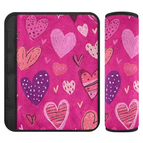 Image of Hot Pink Doodle Hearts Stars Seat Belt Cover Pad 2 Pcs Soft Cute Seatbelt Covers Protector Support Head Neck Shoulder Strap for Car Seats High Chair Backpack for Adults Kids Women Men 10x7.7In
