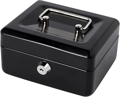 Miniatura 9 de Caja de dinero con bandeja de dinero y cerradura, caja de dinero de metal para efectivo, caja de seguridad 9.84 x 7.87 x 3.54 pulgadas, color negro