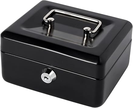 Small Lock Box with Money Tray, Cash Box for Kids, Portable Metal Money Safe for Cash, Lockbox Black