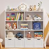 Gizoon Toy Storage Cabinet and Kids Bookcase with 4 Movable Drawers and 8 Open Shelves Toy Chest Shelf Organizer with Hidden Wheels for Playroom Nursery Kids Room, White