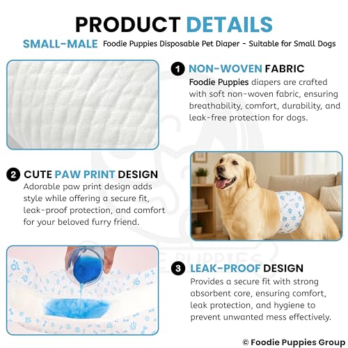 Image of Foodie Puppies Dogs Disposable Diapers for Male Dog - (12Pcs, Small) | Diaper Pants /Sanitary Cotton Underwear Nappy | Leak-Proof, Ultra-Absorbant | Daily and Travelling Purpose