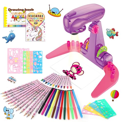 Juguetes Niña Proyector Dibujos para Niños con 72 Motivos Regalos Niña Juguete Proyector Infantil 3 4 5 6 Años Con Lápiz, Libro para Dibujar, Libro para Colorear Unicornio, Regla