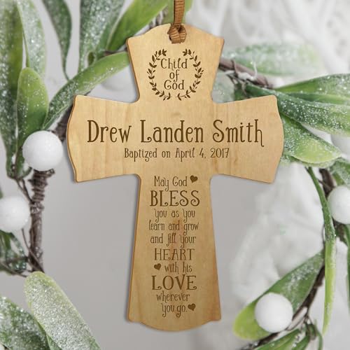 Image of LifeSong Milestones Personalized Baptism 1st Holy Communion Christening Gifts Custom Wall Cross Child of God. May God BLESS you as you learn and grow (Maple)