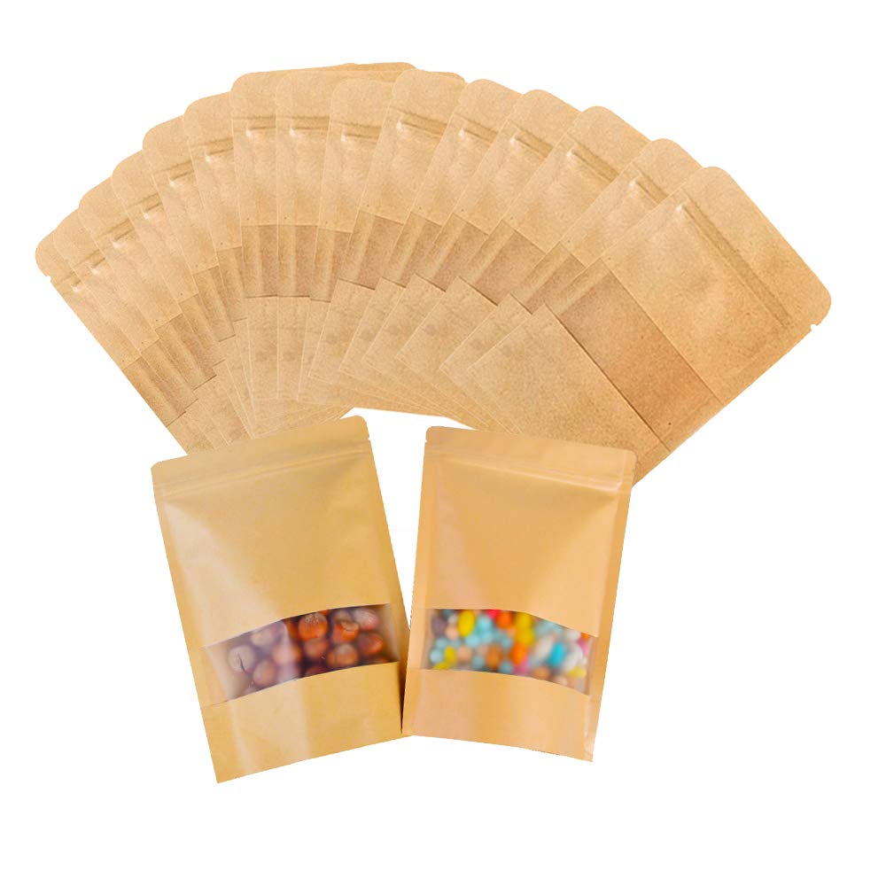 Senda Brown Kraft Paper Bags With Window, Reusable Ziplock Food Storage Bag, Waterproof Self-Sealing Stand Up Pouch Bags Paper Bag For Cookies Candy Tea Coffee Beans Seeds (25Pcs,10 X 15 Cm)
