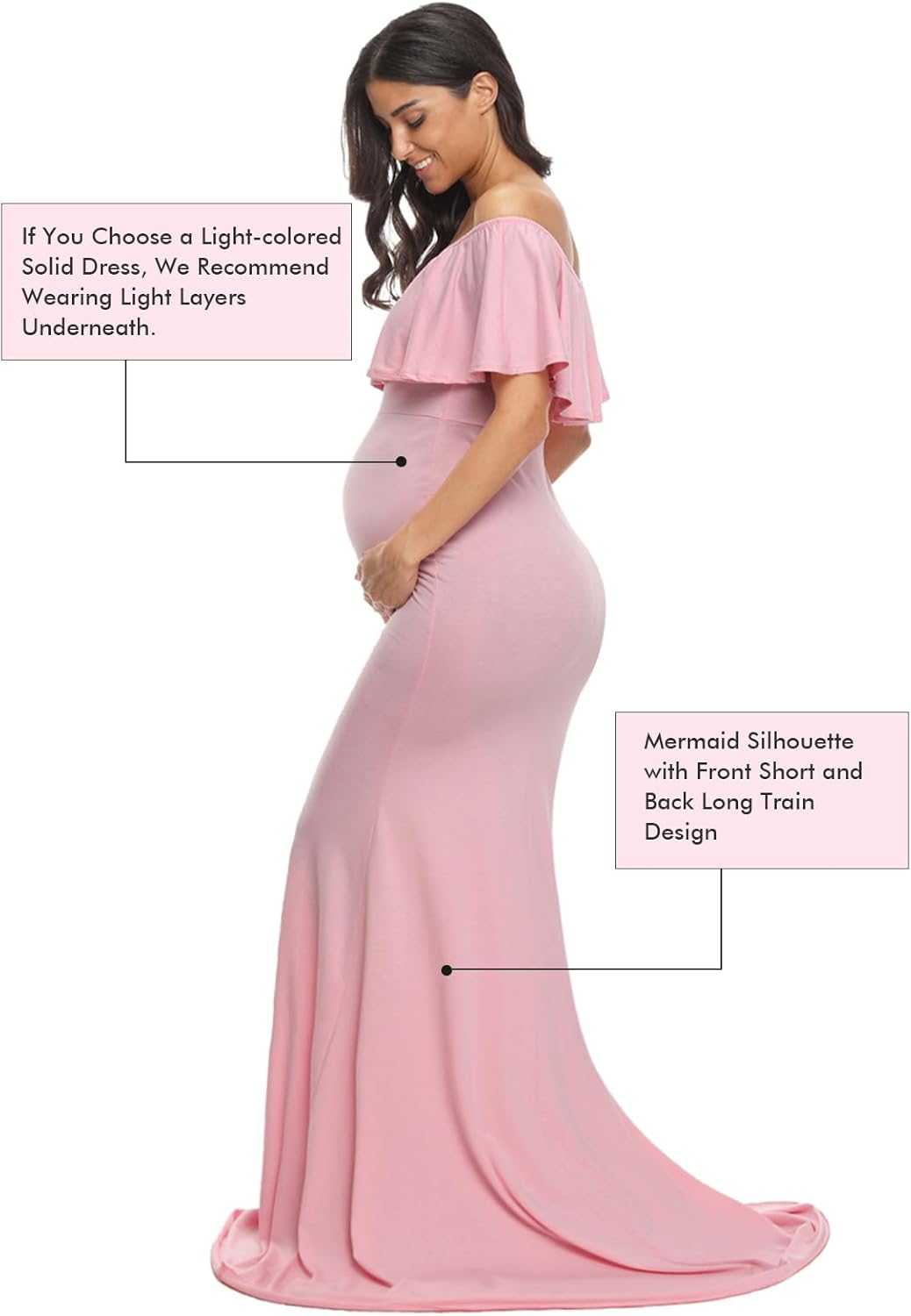 Glampunch レディース オフショルダー マタニティドレス フリル エレガント スリム ガウン フィット マキシ 写真ドレス