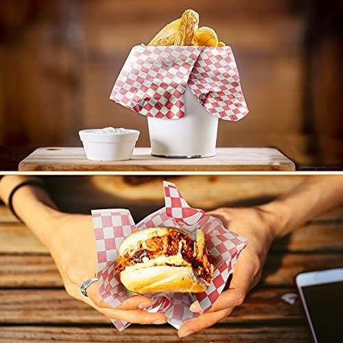 SAVITA 100 Sheets 11" x 10" Squares Deli Wrap Paper Disposable Food Basket Liners Greaseproof Food Grade Wrapping Paper for Food Burger Sandwich Picnic Plastic Coat (Red Chequered)
