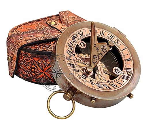 3 Brass & Copper Sundial Compass with Leather Case - Steampunk Accessory - Antiquated Finish - Beautiful Handmade Gift -Sundial Clock