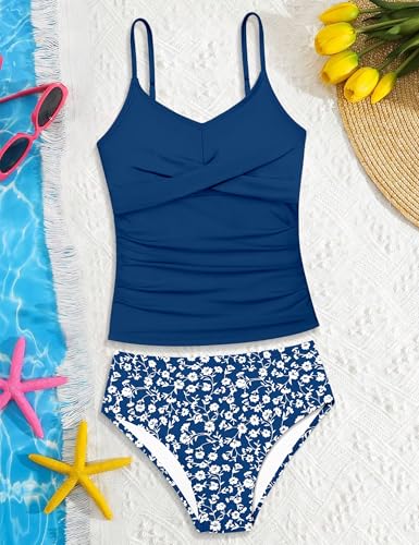 Image of Girls Swimsuit 2 Piece Bathing Suit Criss Cross Ruched Girl Tankini Sets Printed Girls' Swimwear for 9-18 Years