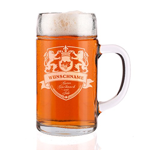 Privatglas 1 Liter Maßkrug graviert mit Löwen Wappen und Wunschname + Geburtsjahr - toll zum Männertag Cover