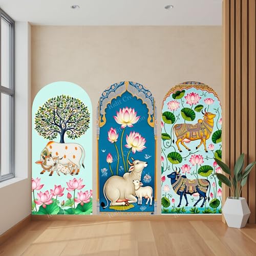 Image of Ridit Creation Traditional Indian Cow & Lotus Wall Poster Set of 3 | Sacred Cow, Lotus Flower and Tree Arch Artwork | Spiritual Mandir Wall Decor Posters for Living Room, Bedroom, Pooja Room | Decorative Multicolor Wall Art Posters