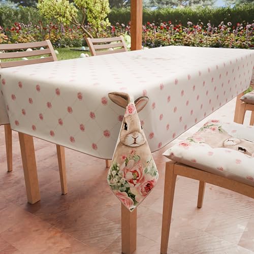 PETTI Artigiani Italiani - Tovaglia Pasqua Antimacchia Rettangolare Copritavolo Pasquale Cucina Disegno Pink Rabbit X12 Posti (140x240 cm) 100% Made in Italy