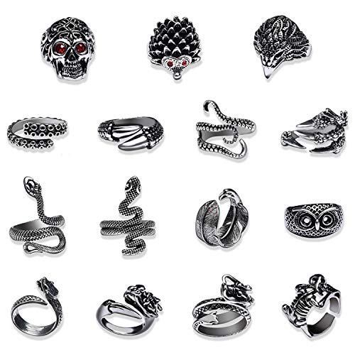 15 PCS Vintage Punk Rings Chinese Dragon Claw Octopus Cobra Snake Skull Rings Gothic Open Adjustable Ring Set for Men Women