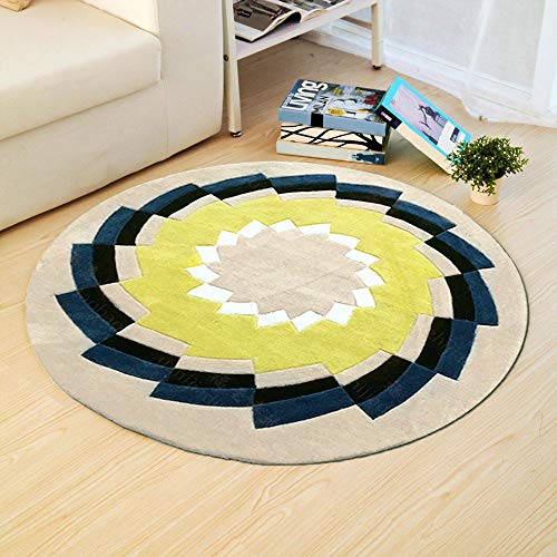 Tapis rond chameau pour créer un coin lecture sous le canapé