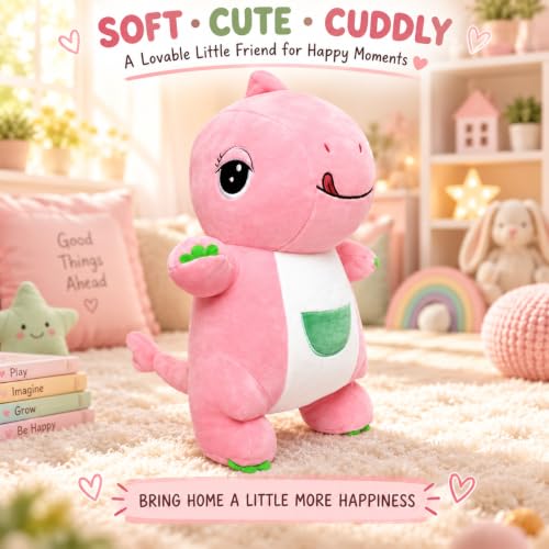 Image of Pink Dinosaur Soft Toy for Kids|25 CM Cute Plush Stuffed Animal| Soft Cuddly Dino Toy for Boys & Girls| Huggable Playtime Companion, Birthday Gift, Room Decor