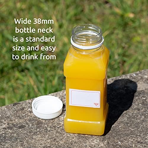 TEC Juice Bottles 250ml with Lids 30% Recycled PET Plastic Small Clear Square Tamper Evident Mini Energy Drink Smoothie Bottle Water Party Pack Multipack in Bulk Packs Made in UK