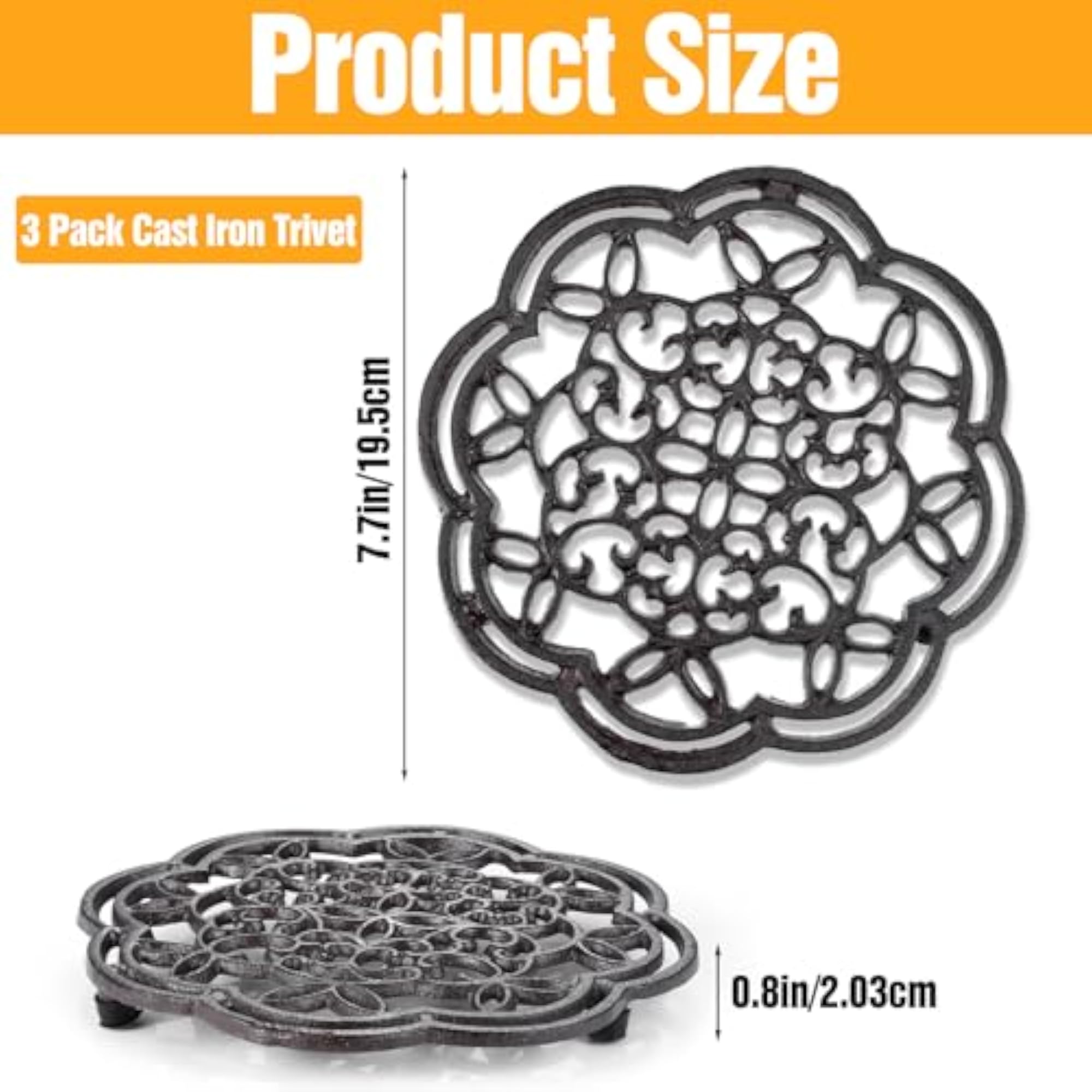 3 Pack Cast Iron Trivet, Heavy Duty Rustproof
