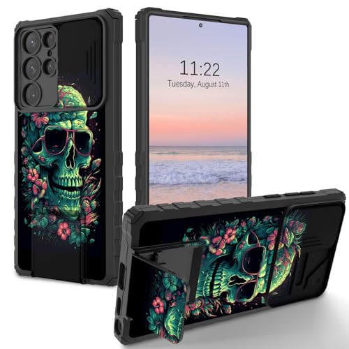 Qindaiwen for Samsung Galaxy S24 Ultra Case with Slide Camera Cover+Kickstand, Military Drop Protection, Full Protective Hard Back and Soft Edge Phone Case for Galaxy S24 Ultra, Cool Skull