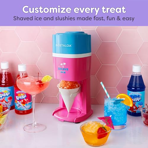 Image of Nostalgia Shave Ice and Snow Cone Machine, Multi-Use Ice Shaver for Frozen Treats, Slushies, Snow Cones, and More - Reusable Cup and Ice Mold, Stainless Steel Blades - Pink