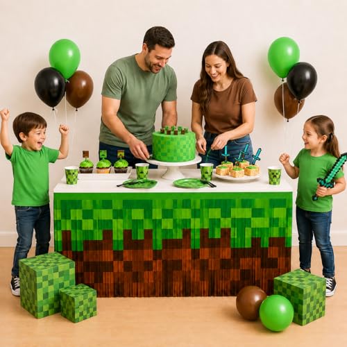 Image of Pixel Video Game Party Table Skirts, 4 Pack Green Brown Foil Fringe Table Skirt Decorations for Boys Birthday, Block Theme Gaming Party Table Decor Photo Booth Props