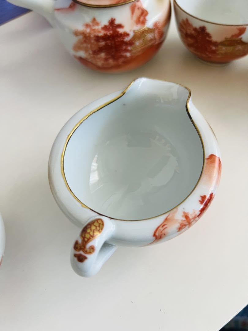 稀少 時代古物 古九谷 赤絵 金彩山水閣楼紋 煎茶器 急須/煎茶碗/湯冷 5点