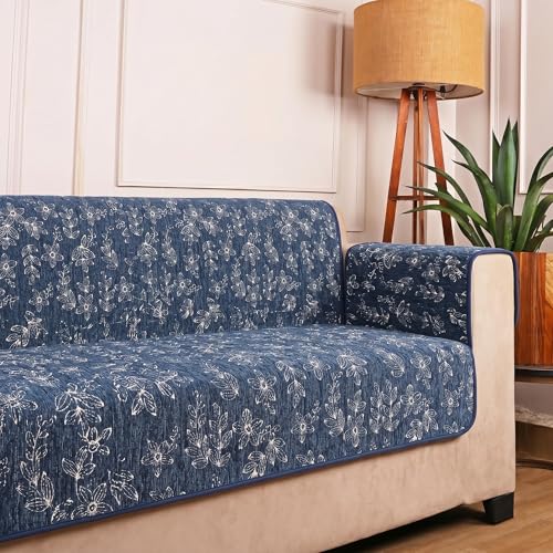 Image of STITCHNEST 'Opulence Series' Floral Woven Sofa Cover for 1 Seater | Premium Soft Fabric Sofa Protector | Blue Floral Pattern with Armrest Pockets | Durable Living Room Furniture Cover