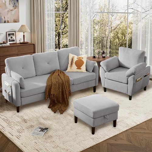 Image of 3 Pieces Sofa Set for Living Room with Sofa, Storage Ottoman and Single Chair
