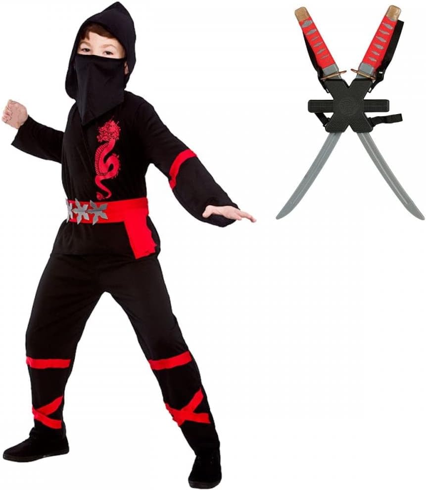 A2ZFDA2ZFD Kids Power Ninja Fancy Dress Costume + 2 Samurai Swords (5-7 years)
