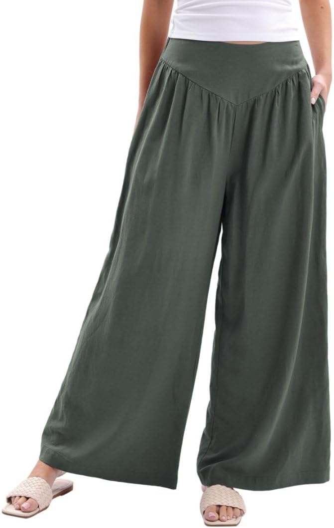 Amazhiyu Womens Linen Blend Summer Wide Leg High Waist Lounge Pants with Pockets