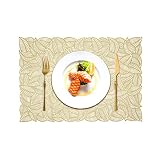 Gold Placemats Set of 6 for Dinner Table, Washable Hollow Vinyl Leaf Rectangle Place Mats for Holida