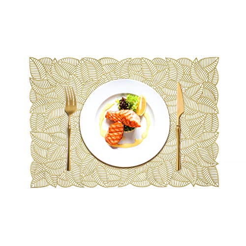 Gold Placemats Set Of 6 For Dinner Table, Washable Hollow Vinyl Leaf Rectangle Place Mats For Holiday Party Wedding Annersary Dinner Table Decoration #TOP26