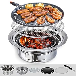 Puraville Charcoal Barbecue Grill, 13.7 Inches Non-Stick Korean BBQ Grill, Portable Stainless Steel Charcoal Stove for Home Party Outdoor Camping